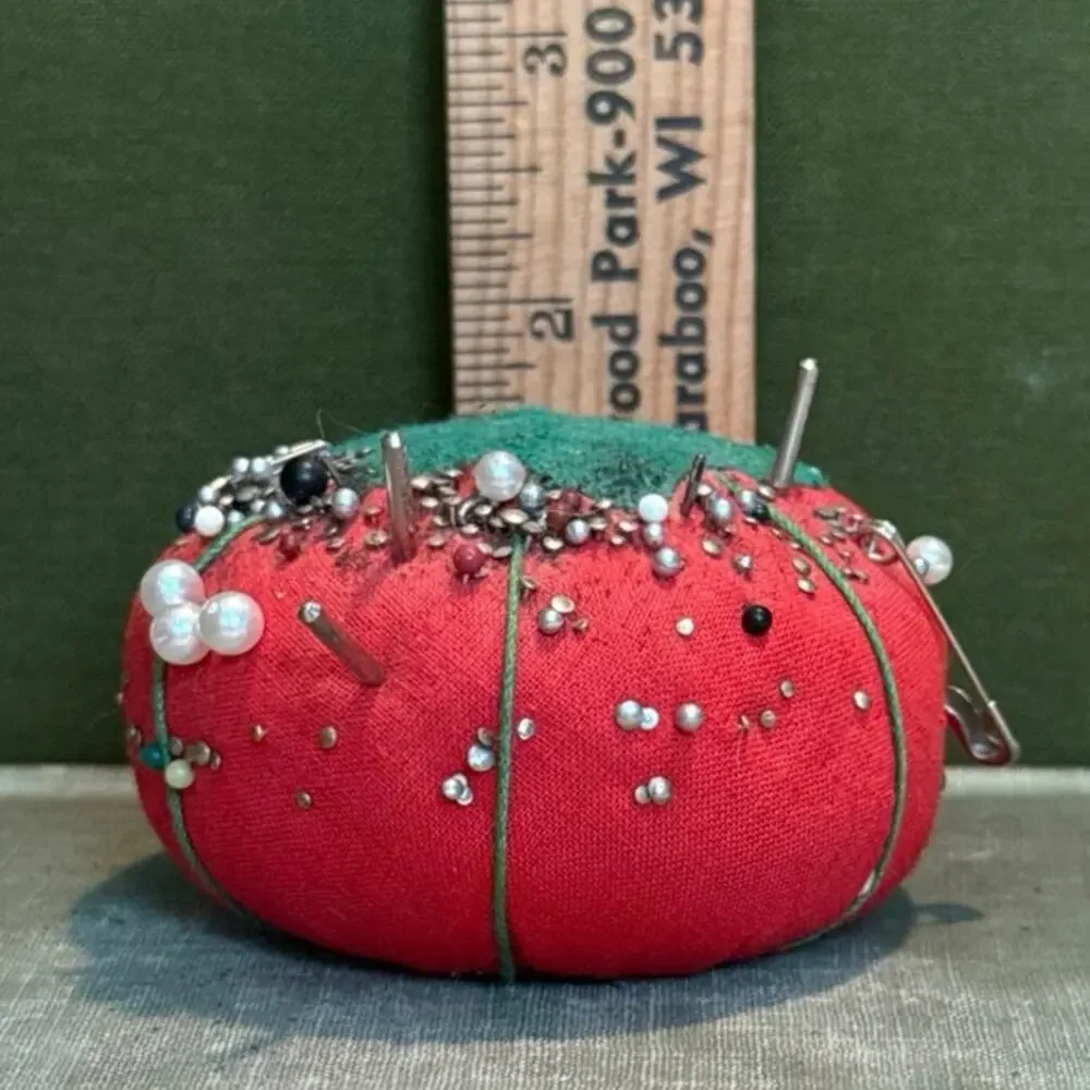 Vintage Tomato Pin Cushion • Fully Loaded • Estate Pins